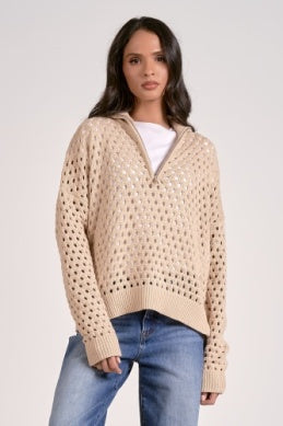 1/2 Zip Open Knit Sweater - Greige Goods