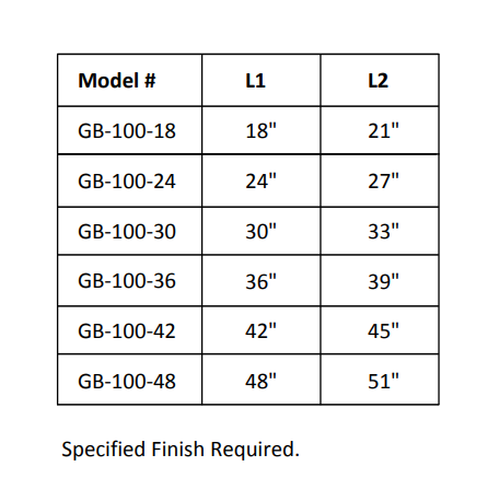 GB-100 grab bar size chart including GB-100-48-BL with 48-inch nominal length