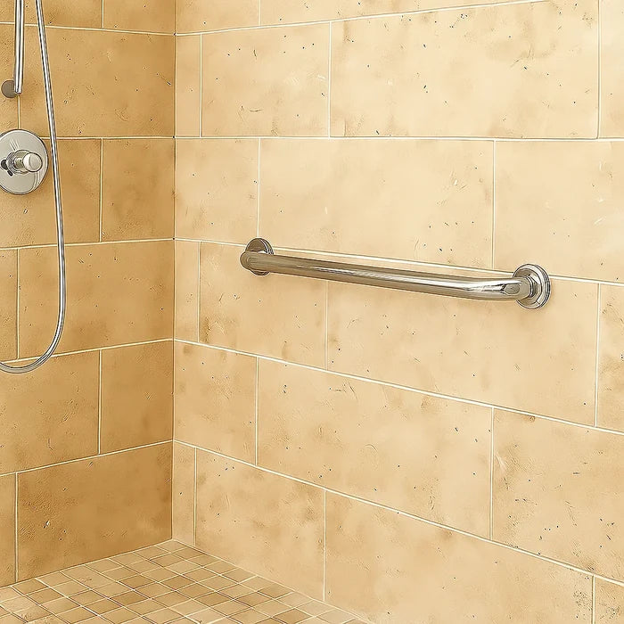 Chrome GB-100 grab bar finish example installed in a tiled shower for GB-100-48-C
