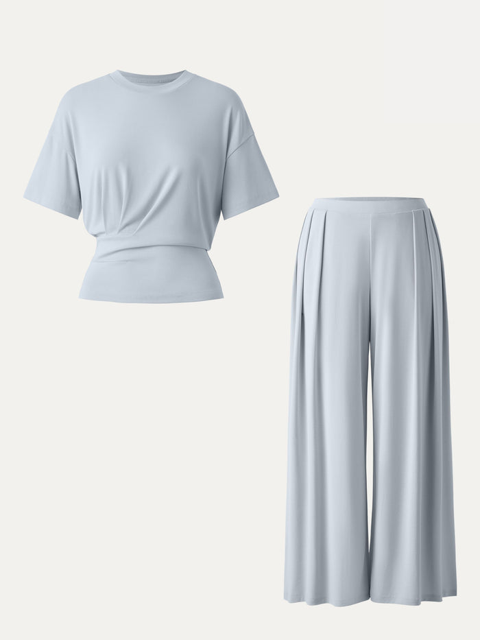 OGLmove 2Pcs Set Crewneck Short Sleeve Tee & Mid Rise Pleated Wide Leg Pant with Pockets Smoke Blue XS