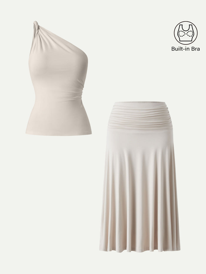OGLmove 2Pcs Set One Shoulder Twisted Bra Tank & Side Ruched A-line Midi Skirt