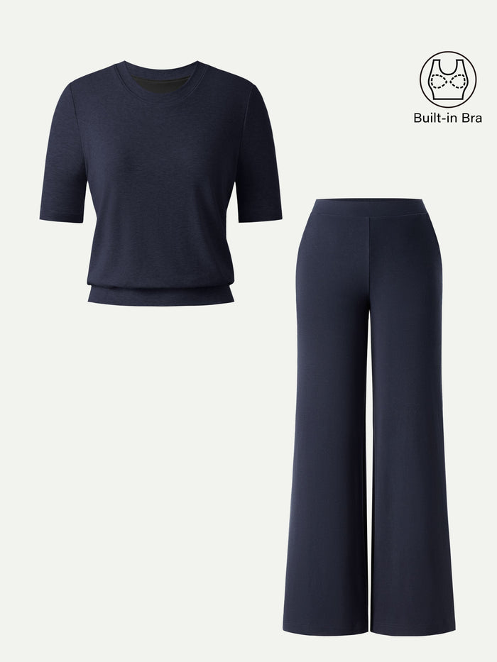 OGLmovede 2Pcs Set Regular Mid Rise Wide Leg Pants & Crewneck Bra Top
