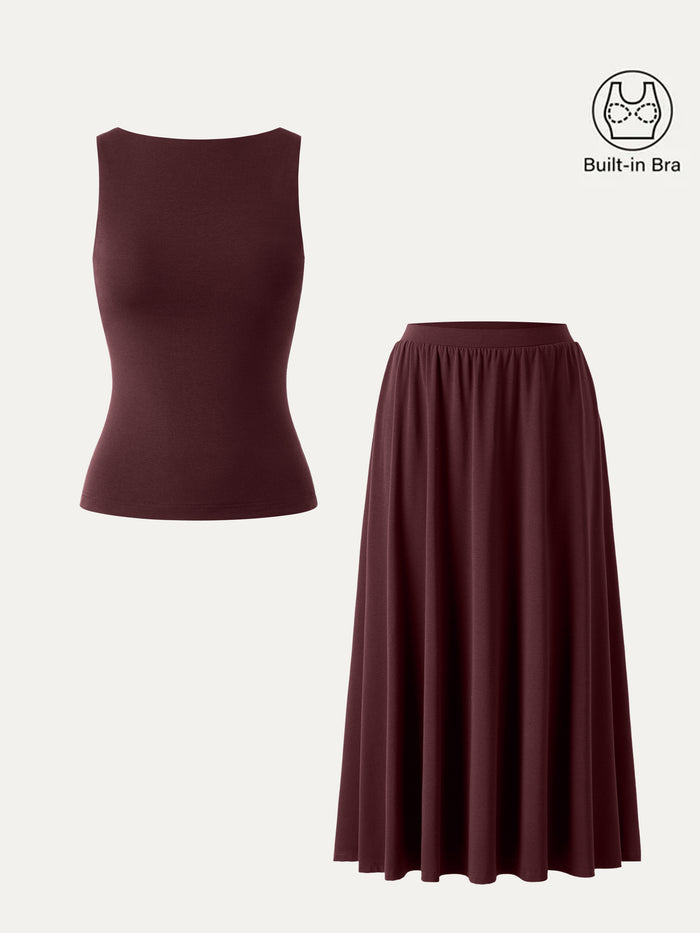 OGLmove 2Pcs Set Stretch Cotton Boatneck Bra Tank & Maxi Umbrella Skirt with Pockets