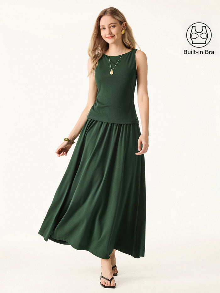 OGLmove 2Pcs Set Stretch Cotton Boatneck Bra Tank & Maxi Umbrella Skirt with Pockets
