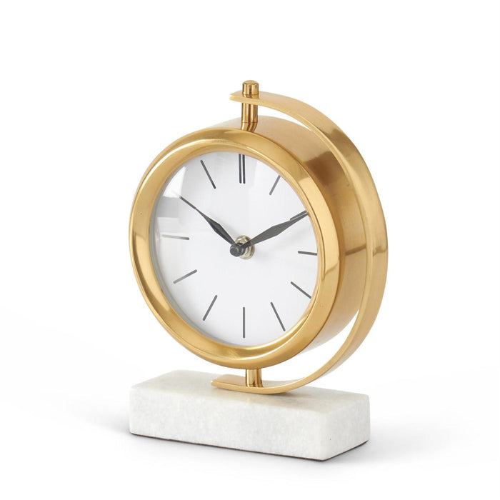 8.25 Inch Round Gold Metal Table Clock w/Rectangular White Marble Base