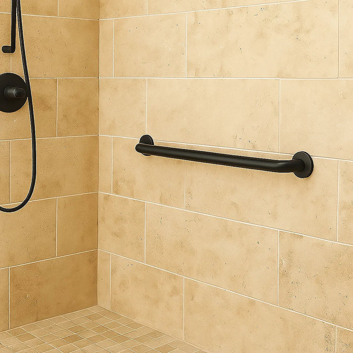 Matte Black GB-100 grab bar finish example installed in a tiled shower for GB-100-48-BL