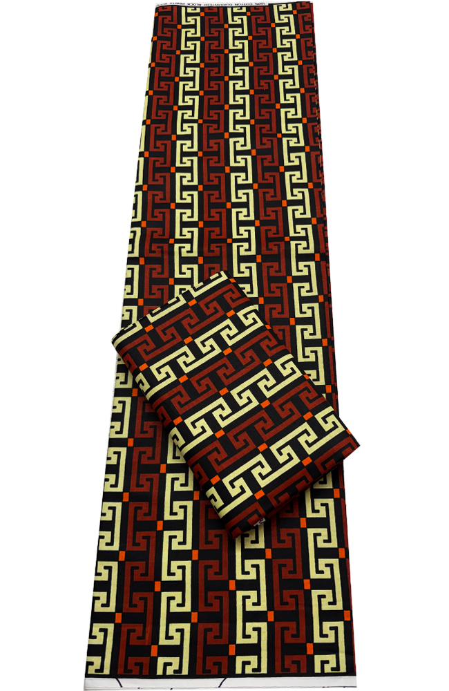 African Ankara Wax Print-Dark Brown Black Orange Cream