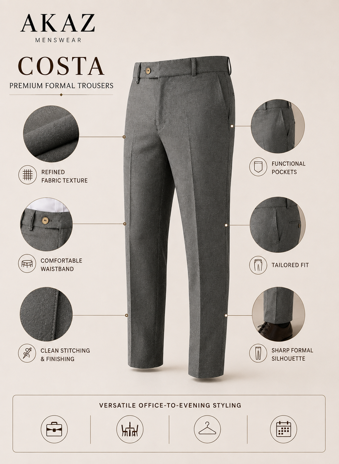 AKAZ COSTA Men's Grey Formal Trousers | Tailored Fit Dress Pants for Office & Business