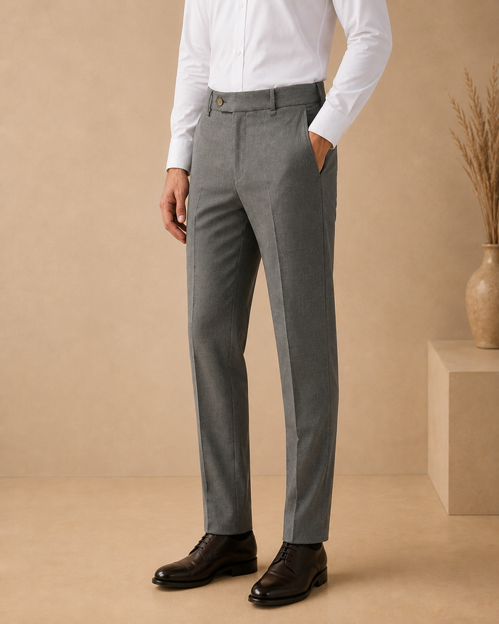 AKAZ COSTA Men's Grey Formal Trousers | Tailored Fit Dress Pants for Office & Business