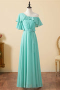 Asymmetrical Aqua Lace-Up Back A-Line Long Bridesmaid Dress
