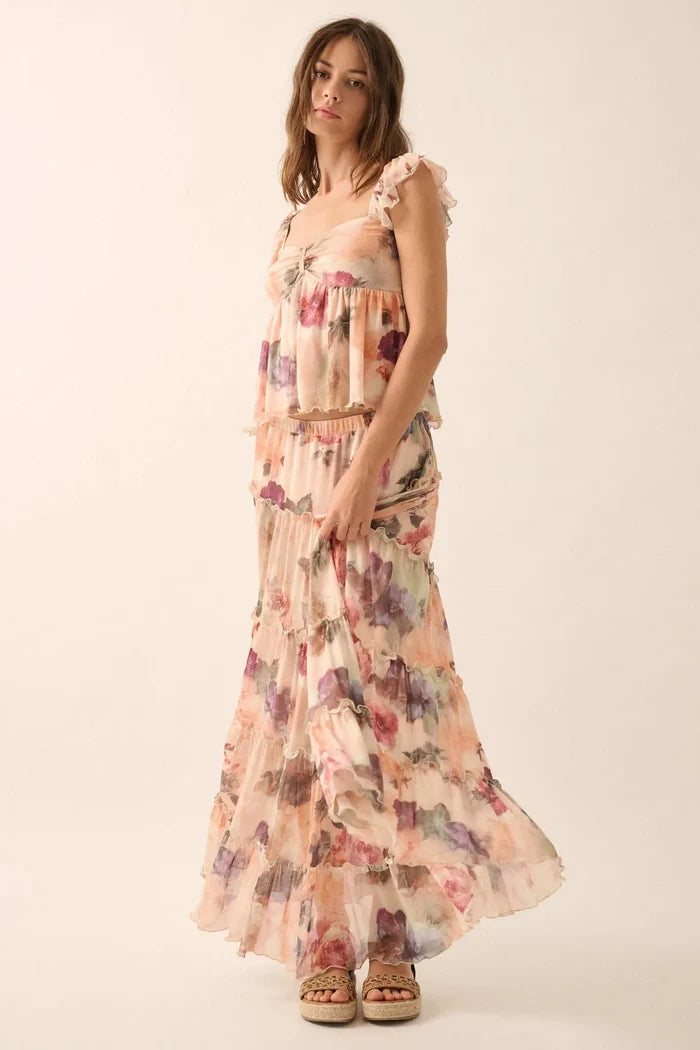 Bashful Blush Floral Mesh Tiered Ruffle Maxi Skirt - ShopPromesa