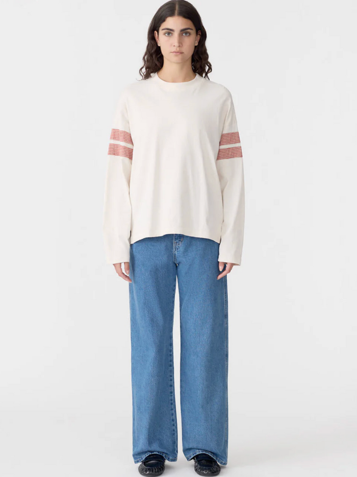 Bassike Boxy Rib Insert L/S T-Shirt - Ecru / Red