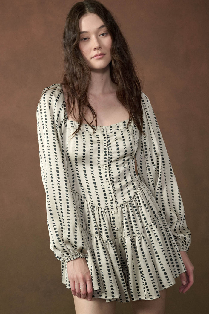 Belle Lune Moon-Print Satin Long-Sleeve Tiered Romper - ShopPromesa