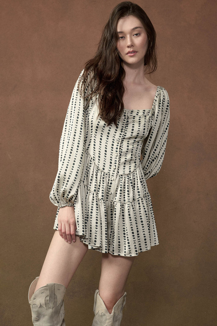 Belle Lune Moon-Print Satin Long-Sleeve Tiered Romper - ShopPromesa