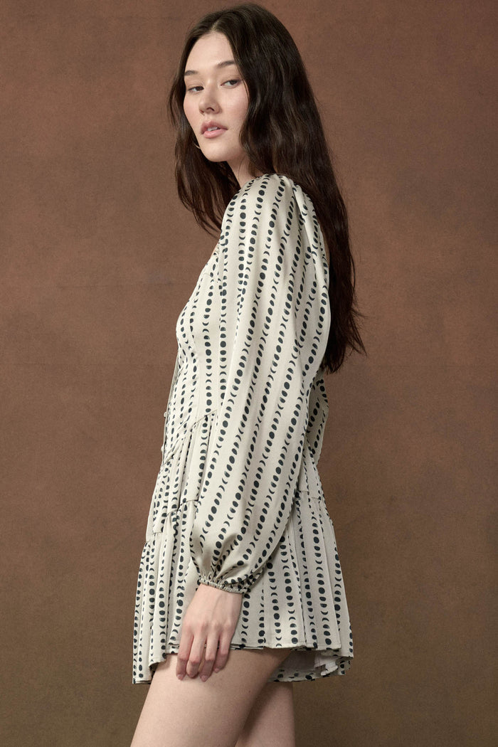 Belle Lune Moon-Print Satin Long-Sleeve Tiered Romper - ShopPromesa