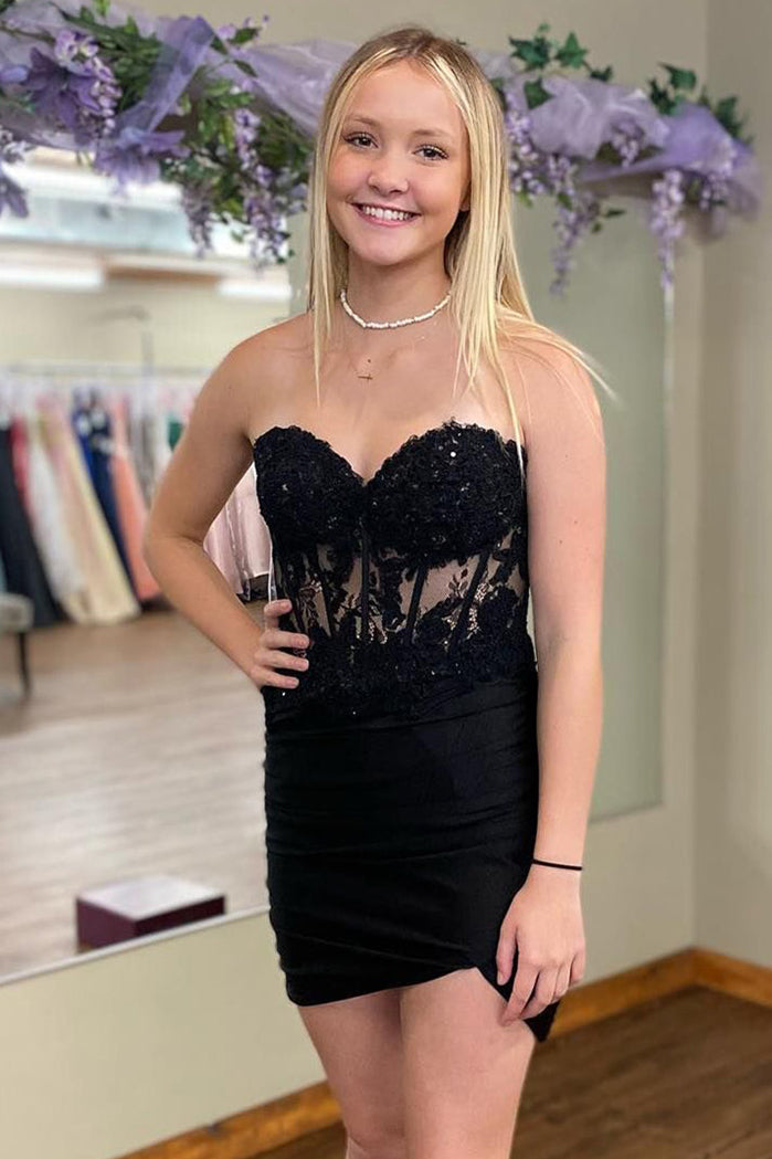Black Strapless Appliques Sheath Homecoming Dress
