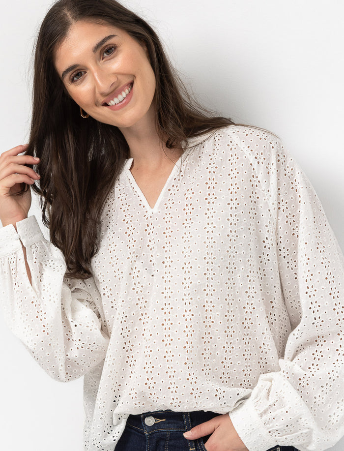 Blouse à broderie ajourée à manches bouffantes