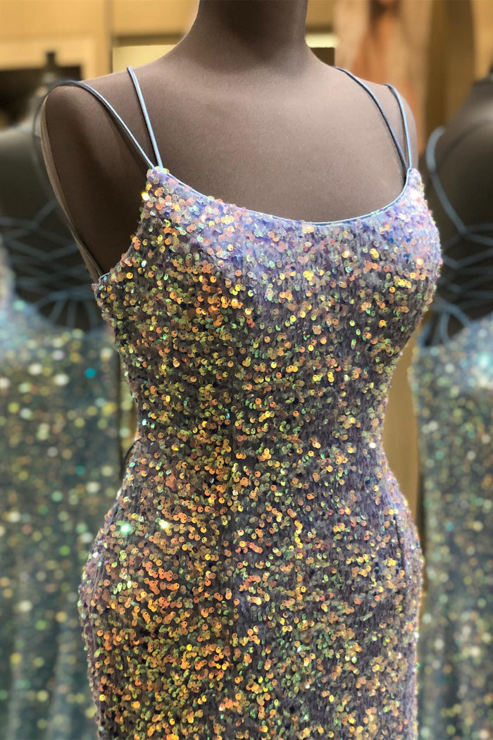 Grey Scoop Neck Double Straps Lace-Up Sequins Long Prom Dress with Slit