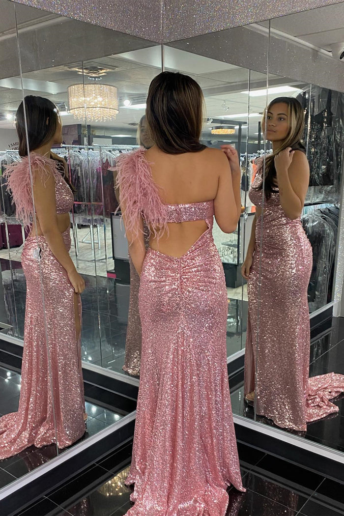 Blue Sequin One-Shoulder Cutout Feathers Mermaid Long Prom Gown