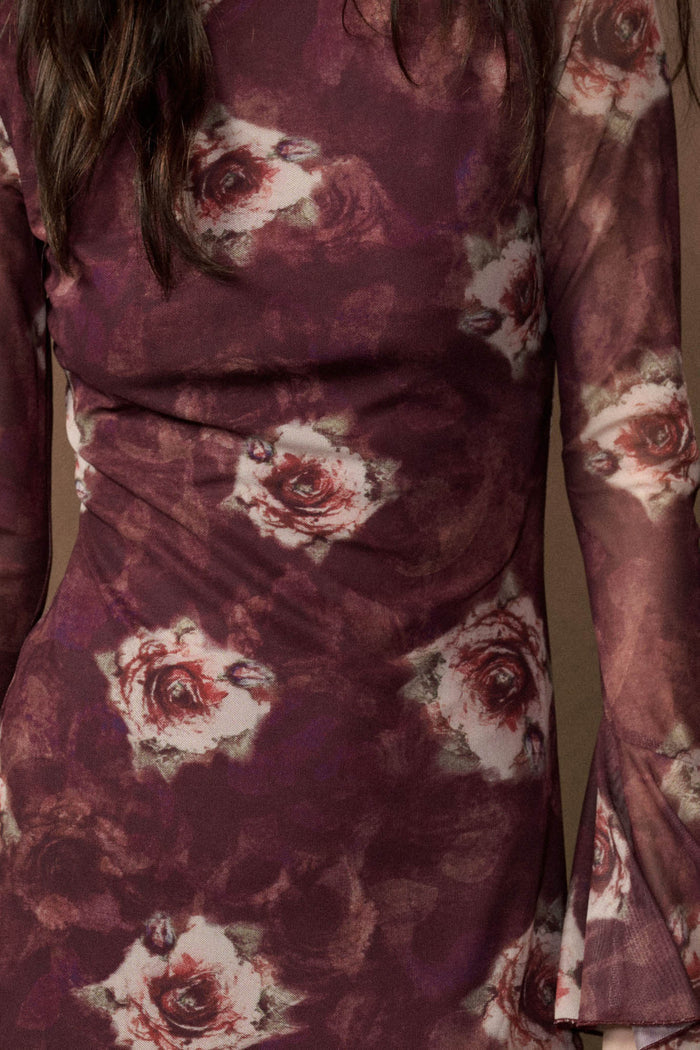 Bordeaux Beauty Floral Mesh Bell-Sleeve Maxi Dress - ShopPromesa
