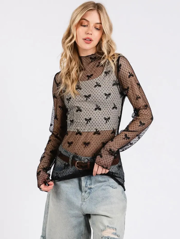 Bow Print Lace Top - Greige Goods