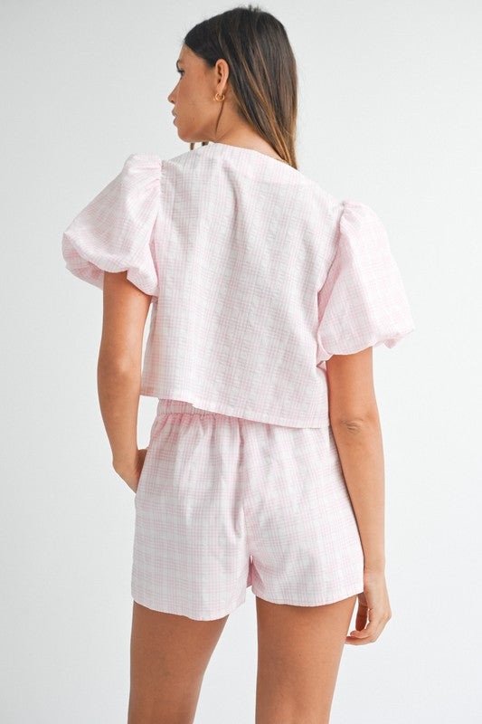 Bows and Plaid Blouse and Shorts Set - Greige Goods