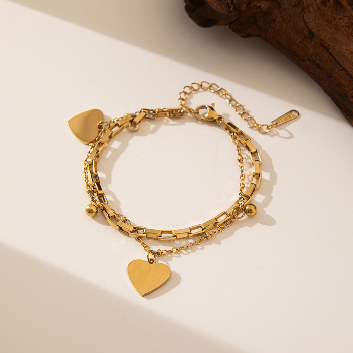 Brazalete Dorado Eslabones Cuadrados & Corazones Lisos