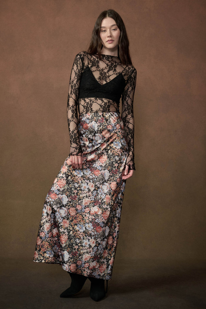 Bright Blooms Floral Satin Elastic-Waist Maxi Skirt - ShopPromesa
