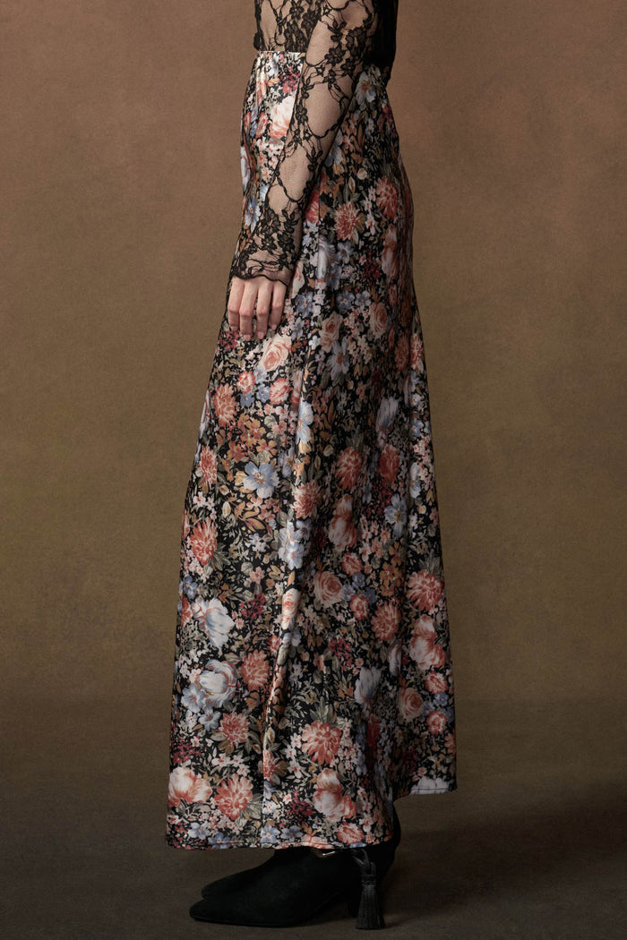Bright Blooms Floral Satin Elastic-Waist Maxi Skirt - ShopPromesa