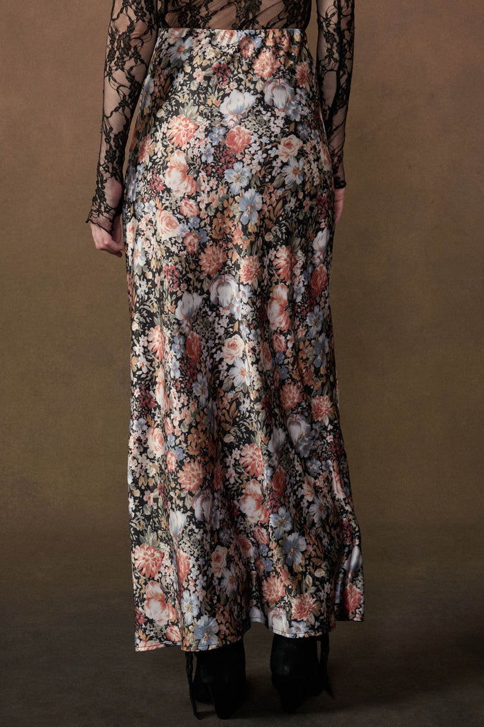 Bright Blooms Floral Satin Elastic-Waist Maxi Skirt - ShopPromesa
