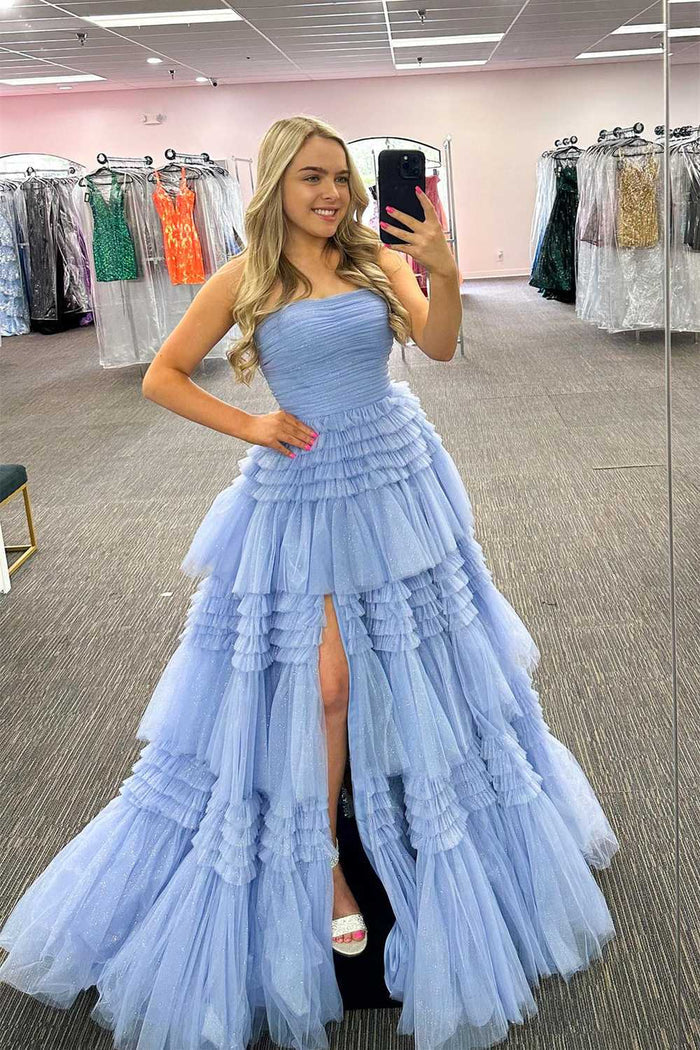 Champagne Strapless A-line Multi-Layers Tulle Long Prom Dress with Slit