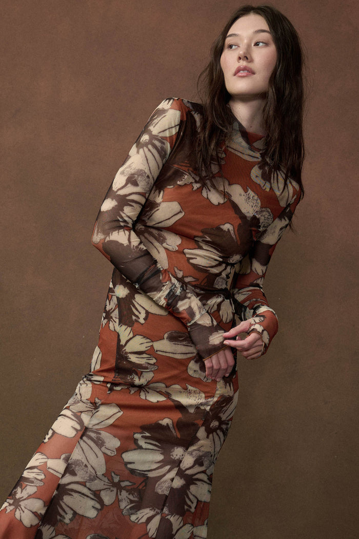 Cinnamon Flowers Floral Mesh Thumbhole Maxi Dress - ShopPromesa