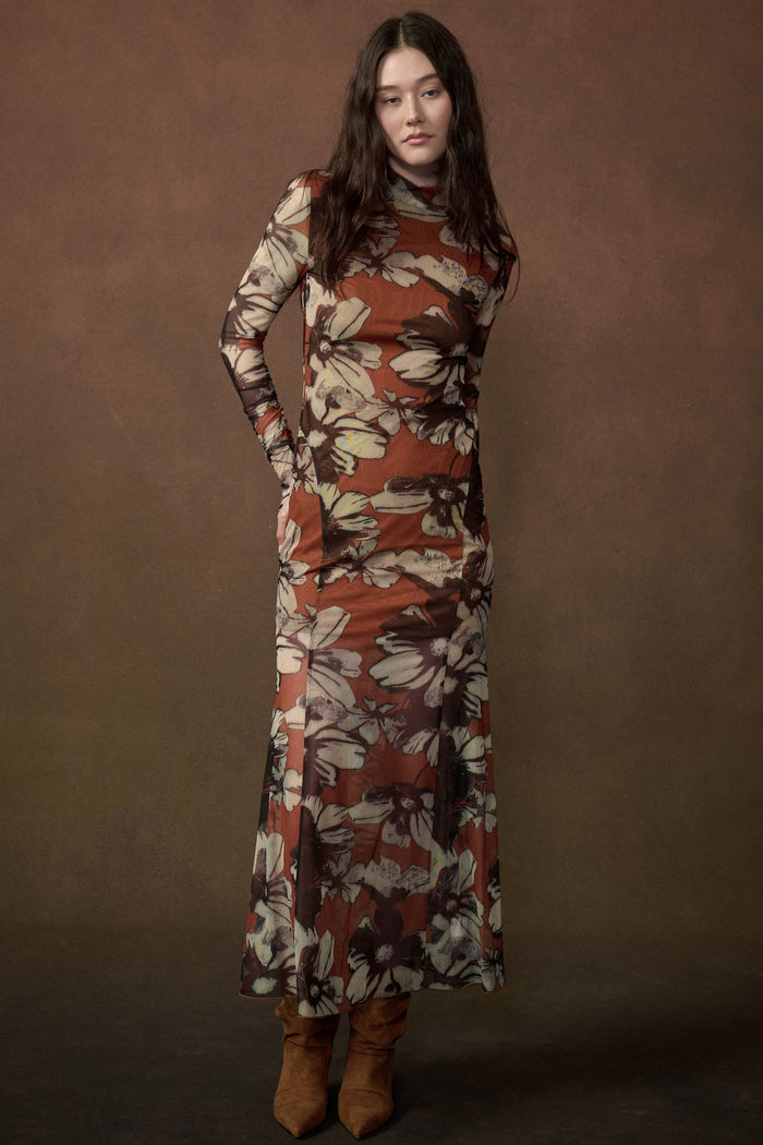 Cinnamon Flowers Floral Mesh Thumbhole Maxi Dress - ShopPromesa