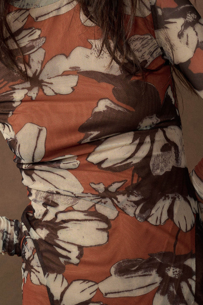 Cinnamon Flowers Floral Mesh Thumbhole Maxi Dress - ShopPromesa