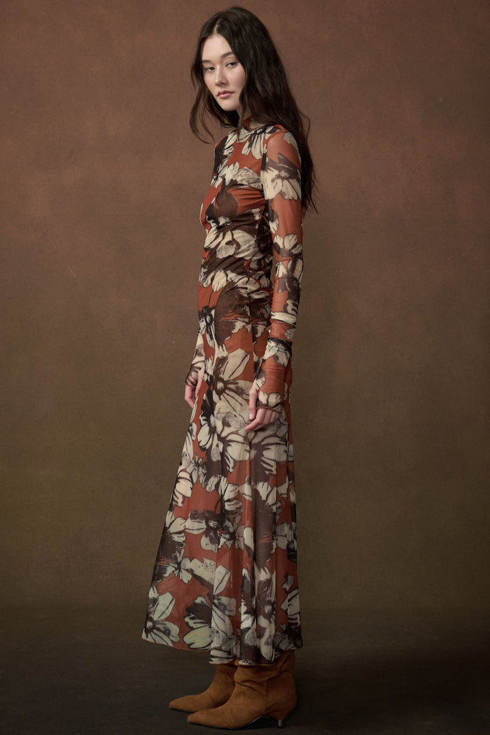 Cinnamon Flowers Floral Mesh Thumbhole Maxi Dress - ShopPromesa