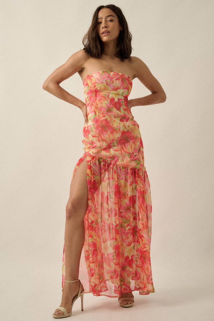 Citrine Garden Floral Chiffon Strapless Maxi Dress - ShopPromesa