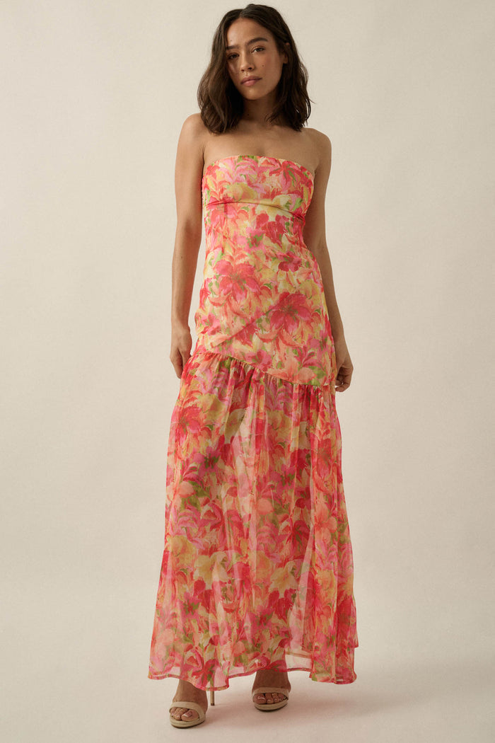 Citrine Garden Floral Chiffon Strapless Maxi Dress - ShopPromesa