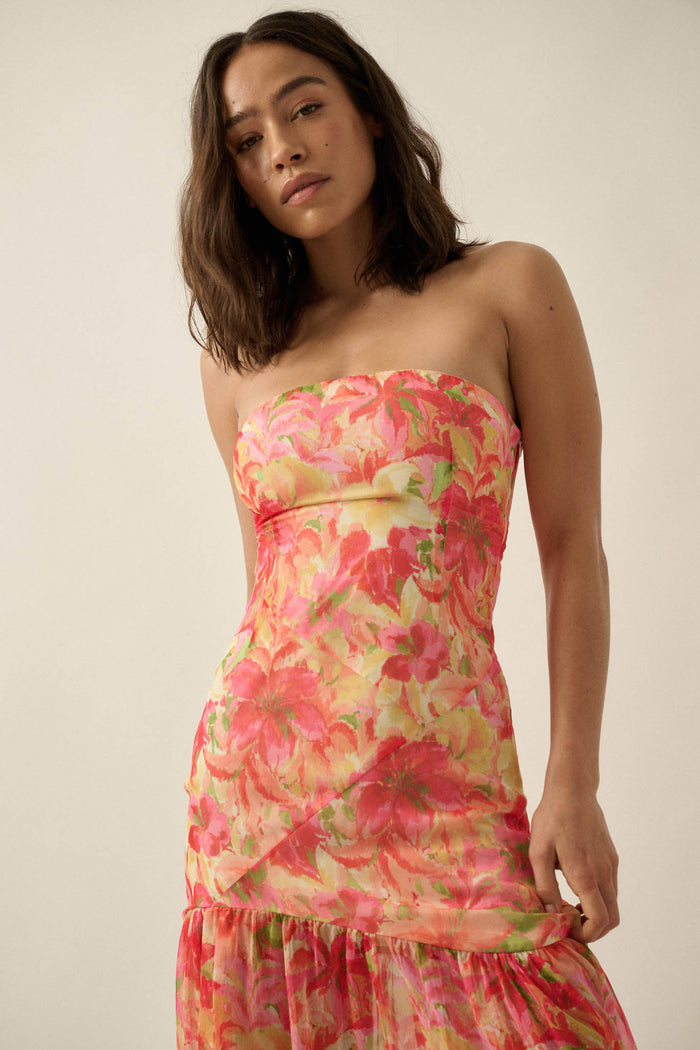 Citrine Garden Floral Chiffon Strapless Maxi Dress - ShopPromesa