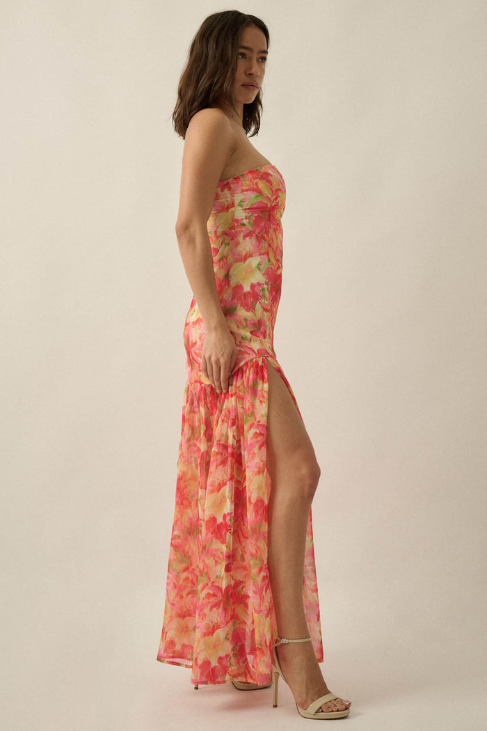 Citrine Garden Floral Chiffon Strapless Maxi Dress - ShopPromesa