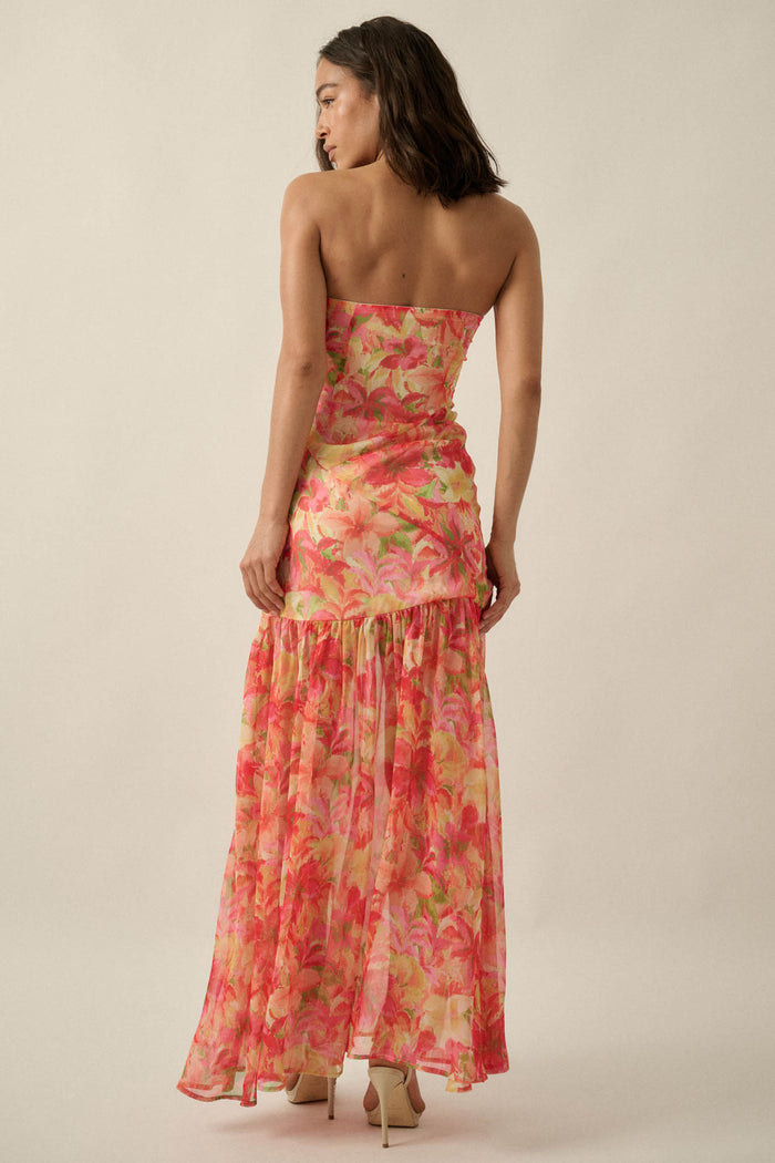 Citrine Garden Floral Chiffon Strapless Maxi Dress - ShopPromesa
