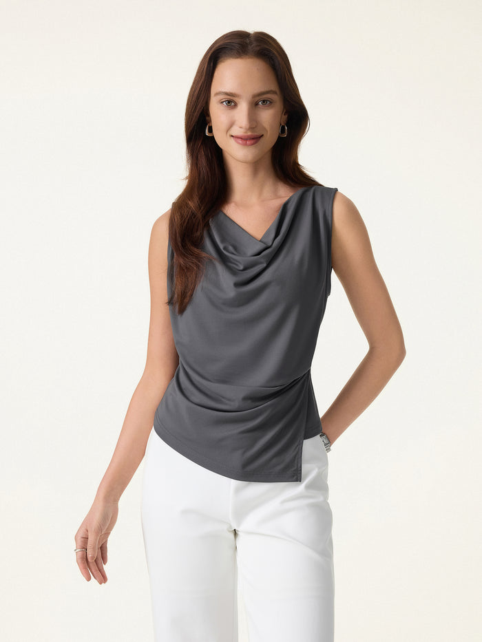OGLmove Cowl Neck Asymmetrical Tucked Sleeveless Top Battleship Grey XS