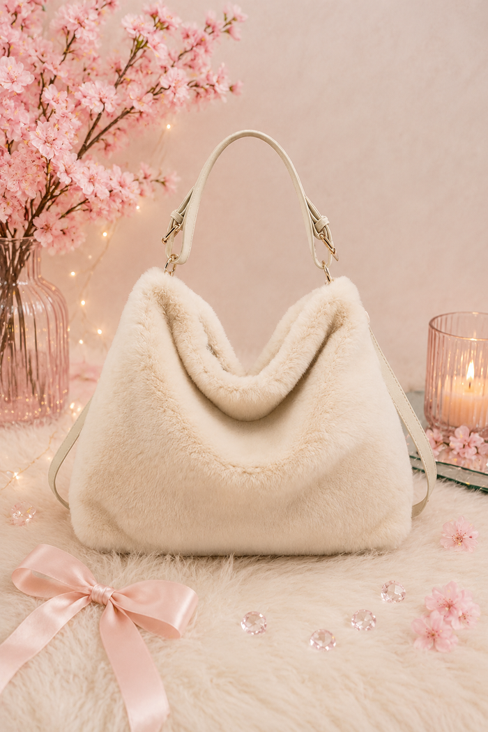 Cream Top Handle Faux Fur Handbag With Top Zip Closure