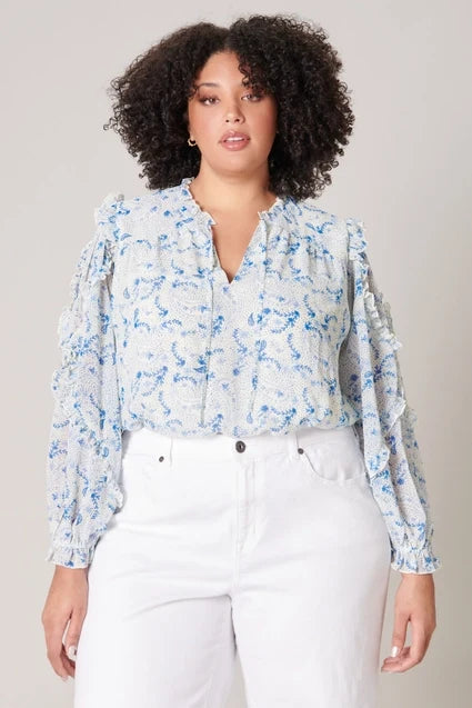 Curvy Girl Corinna Paisley Raj Balloon Sleeve - Greige Goods