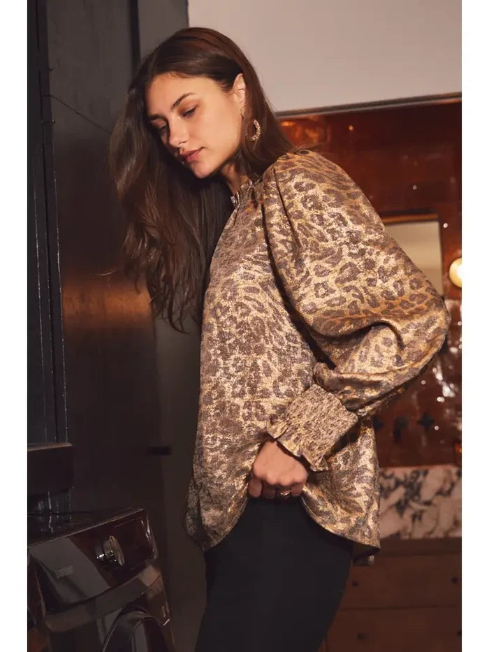 Curvy Girl Metallic Leopard Blouse - Greige Goods