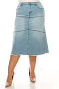 Curvy Indigo Wash Denim Skirt W/Frayed Hem