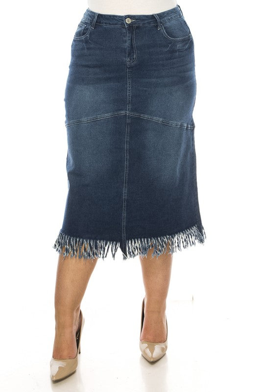 Curvy Indigo Wash Denim Skirt W/Fringe