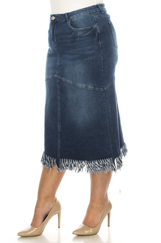 Curvy Indigo Wash Denim Skirt W/Fringe