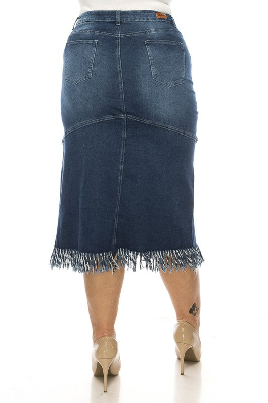 Curvy Indigo Wash Denim Skirt W/Fringe