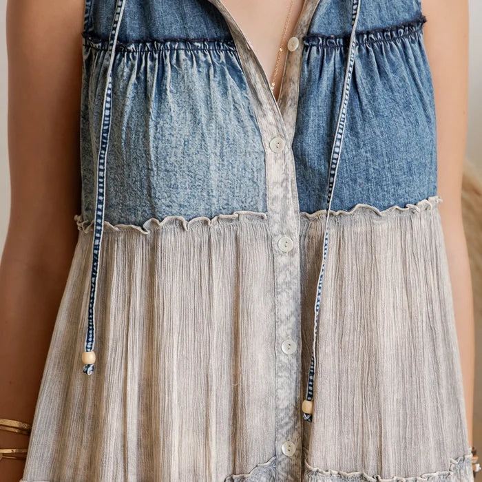 Curvy Sleeveless Denim Tiered Maxi