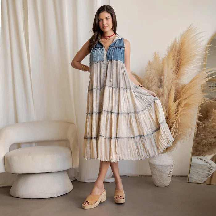 Curvy Sleeveless Denim Tiered Maxi